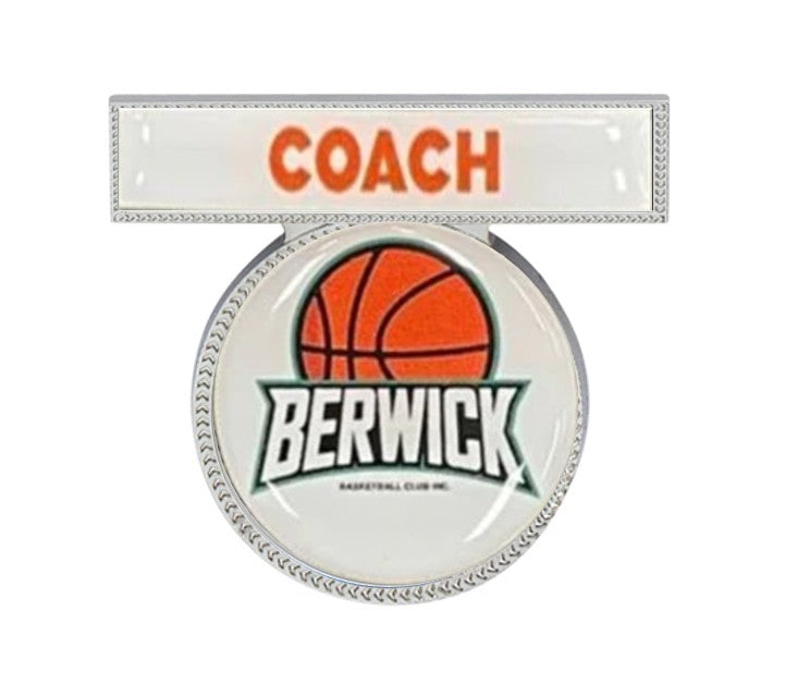 Double silver metal badge with resin coating. Logo