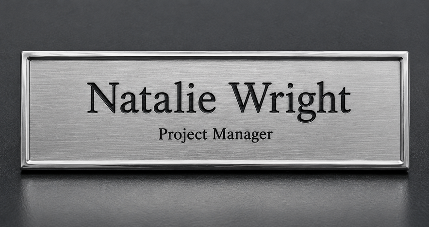 Rectangle Metal Name Badge with Brushed Metal Insert - available in Gold and Silver