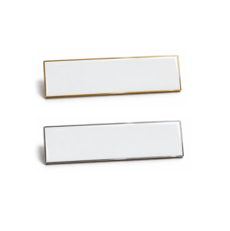 Gold and silver metal name badges with white enamel, 70 x 20 mm, shown blank