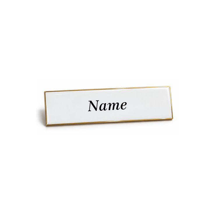 Gold metal name badge with a white enamel face, printed with a name