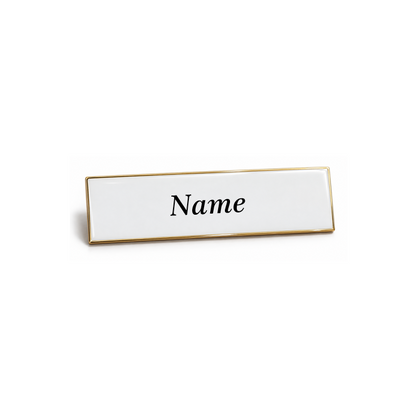 Gold metal name badge with a white enamel face, printed with a name
