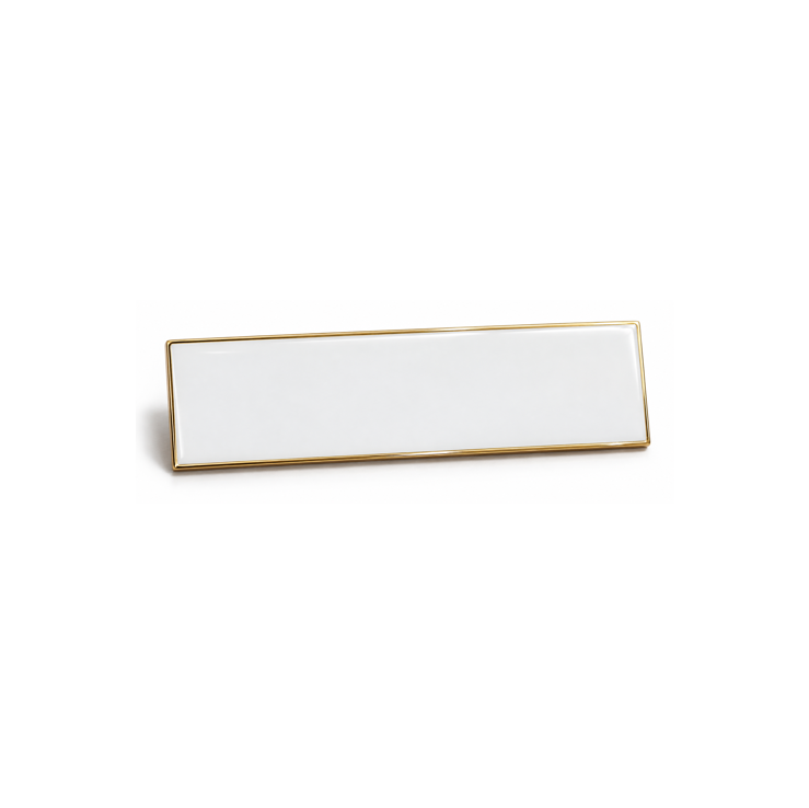 Blank gold metal name badge with a white enamel face, 70 x 20 mm