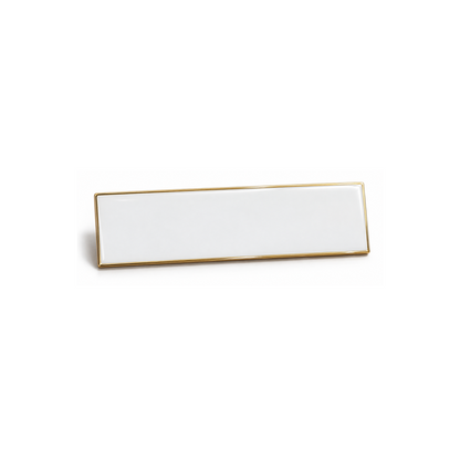 Blank gold metal name badge with a white enamel face, 70 x 20 mm