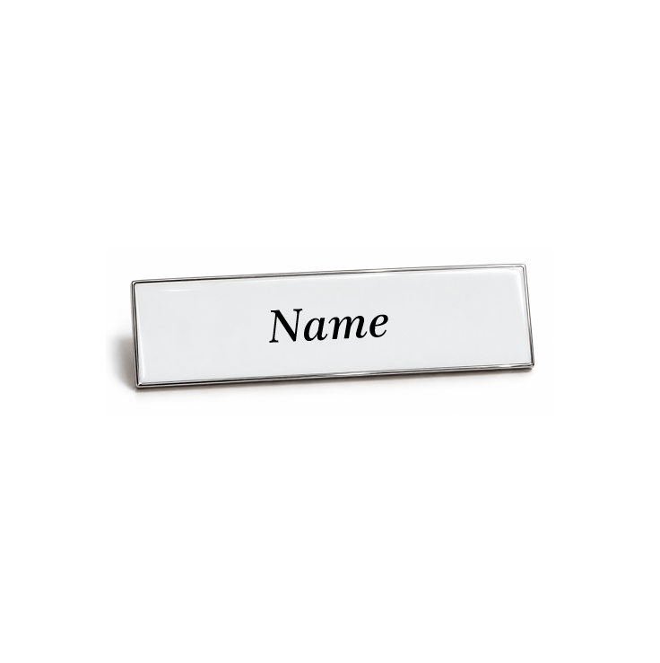 Silver metal name badge with a white enamel face, printed with a name