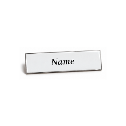 Silver metal name badge with a white enamel face, printed with a name