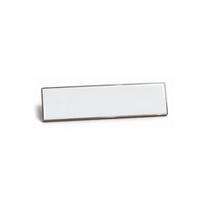 Blank silver metal name badge with a white enamel face, 70 x 20 mm