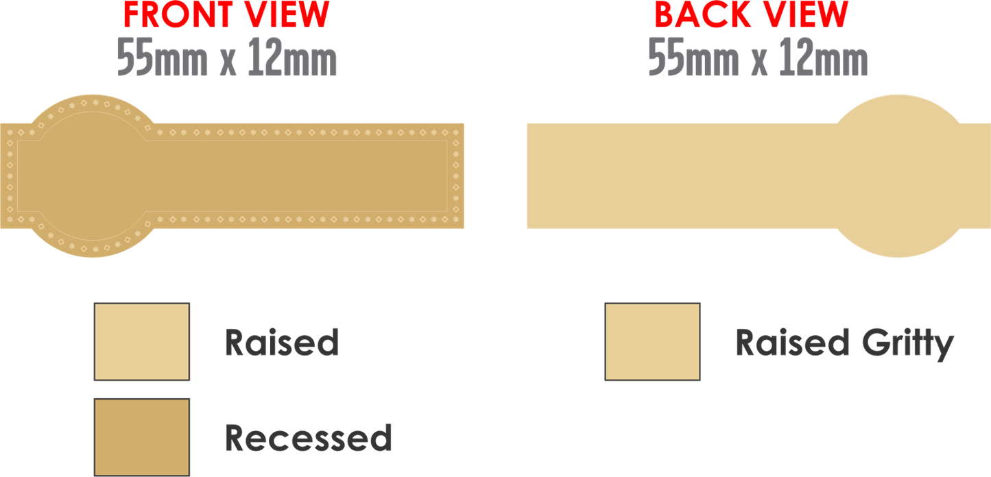 Rectangle and Round Metal Badge 55x19mm available in Gold and Silver