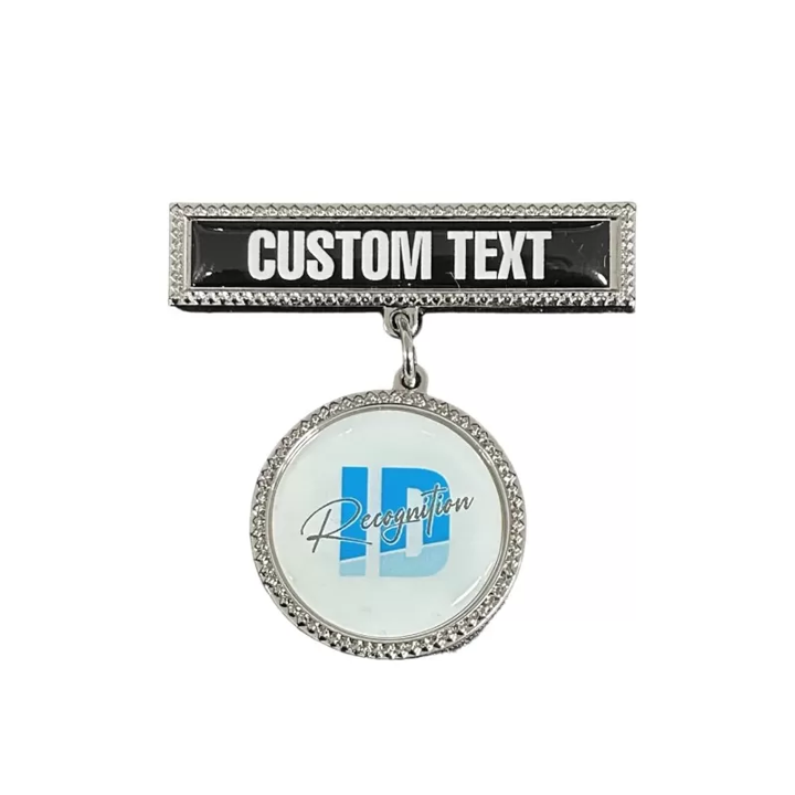Double Metal Badge with Pin fixture - epoxy/resin coating. Silver
