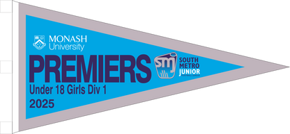 Custom triangular premiership flags with full colour sublimation printing.