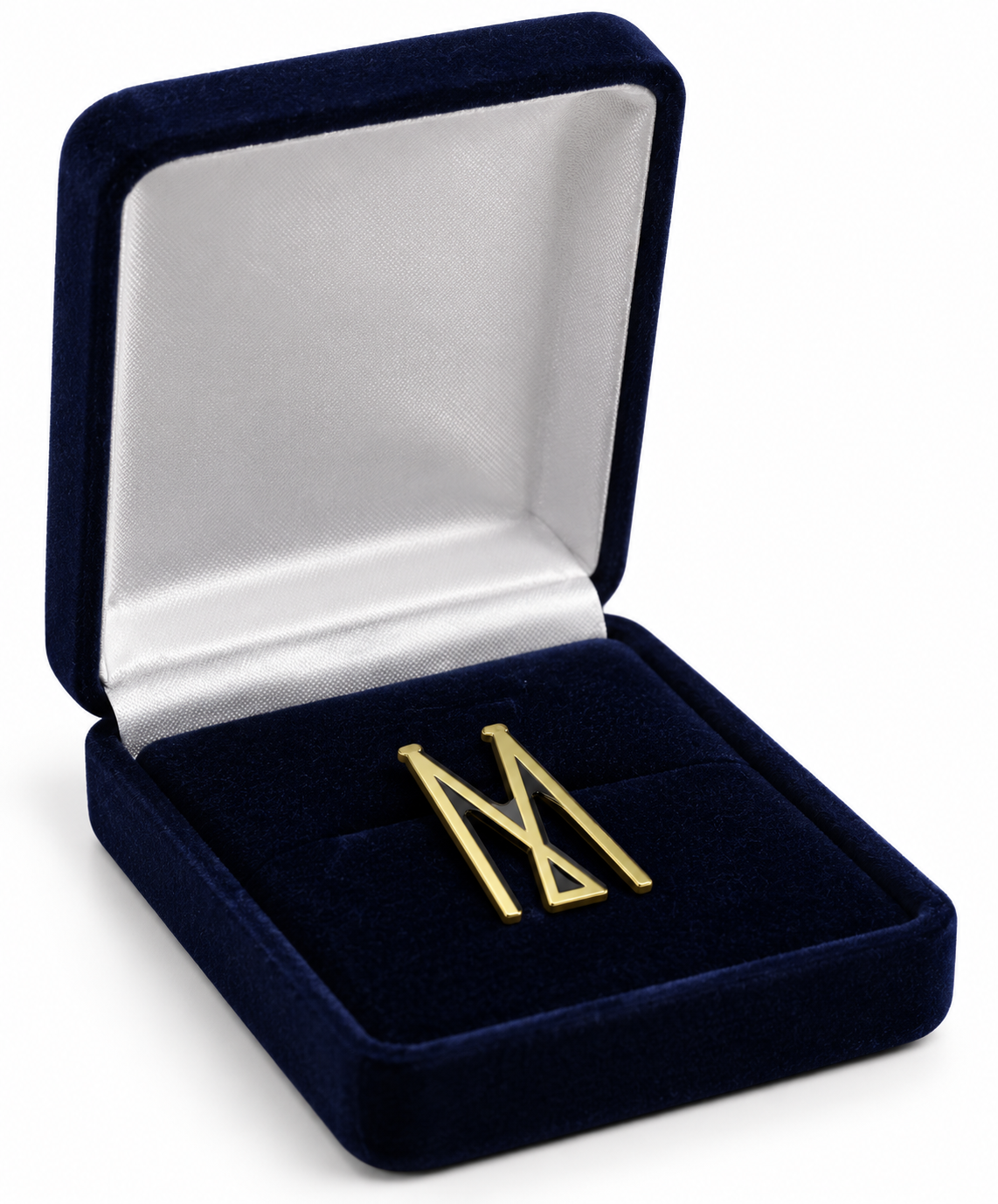 Gold stamped iron soft enamel pin presented in a navy velvet gift box