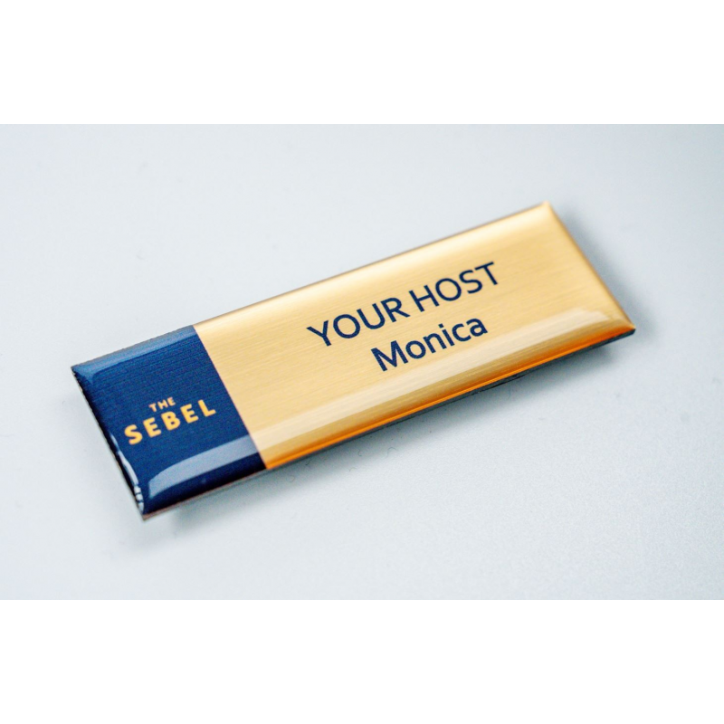 Gold Acrylic name badge with resin coating