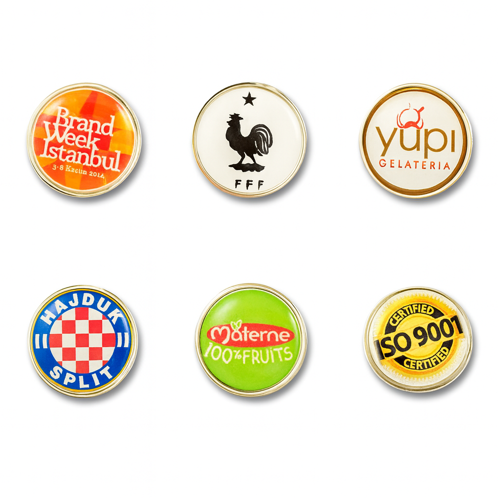 Round metal lapel pins with doming Doming